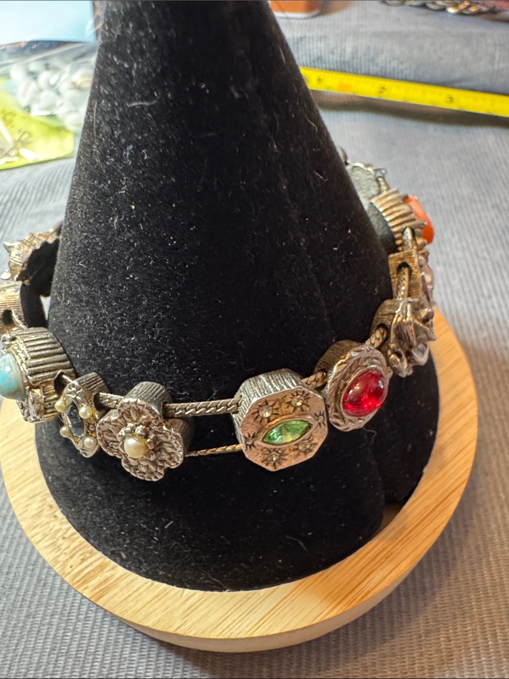 Vintage Silver-Tone Multicolor Gemstone Bracelet - Green & Red Accents